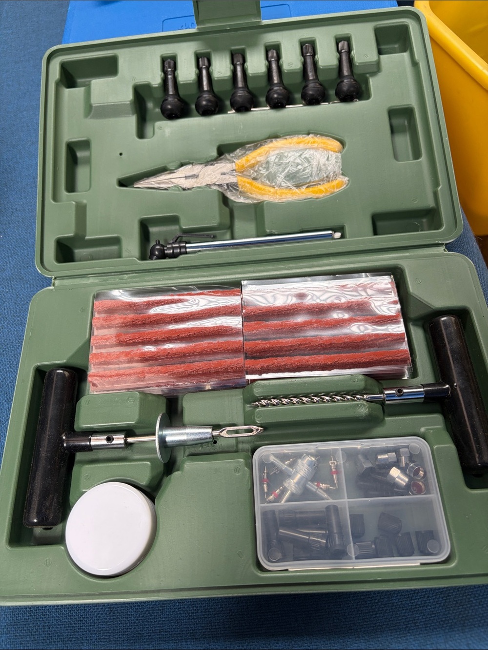 Tire Repair Plug Kit with Pliers and Accessories - Olive Green Case